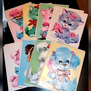 Vintage 1970 MCM Quality Crest Pastel Pets birthday & get well cards set 8 NEW